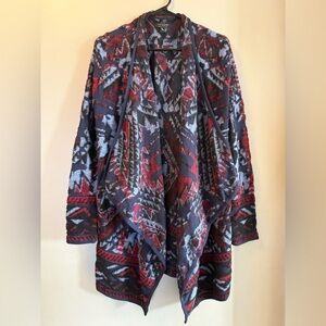 Lucky Brand Red Blue Boho Aztec print Knit Open front Cascading Cardigan Spring
